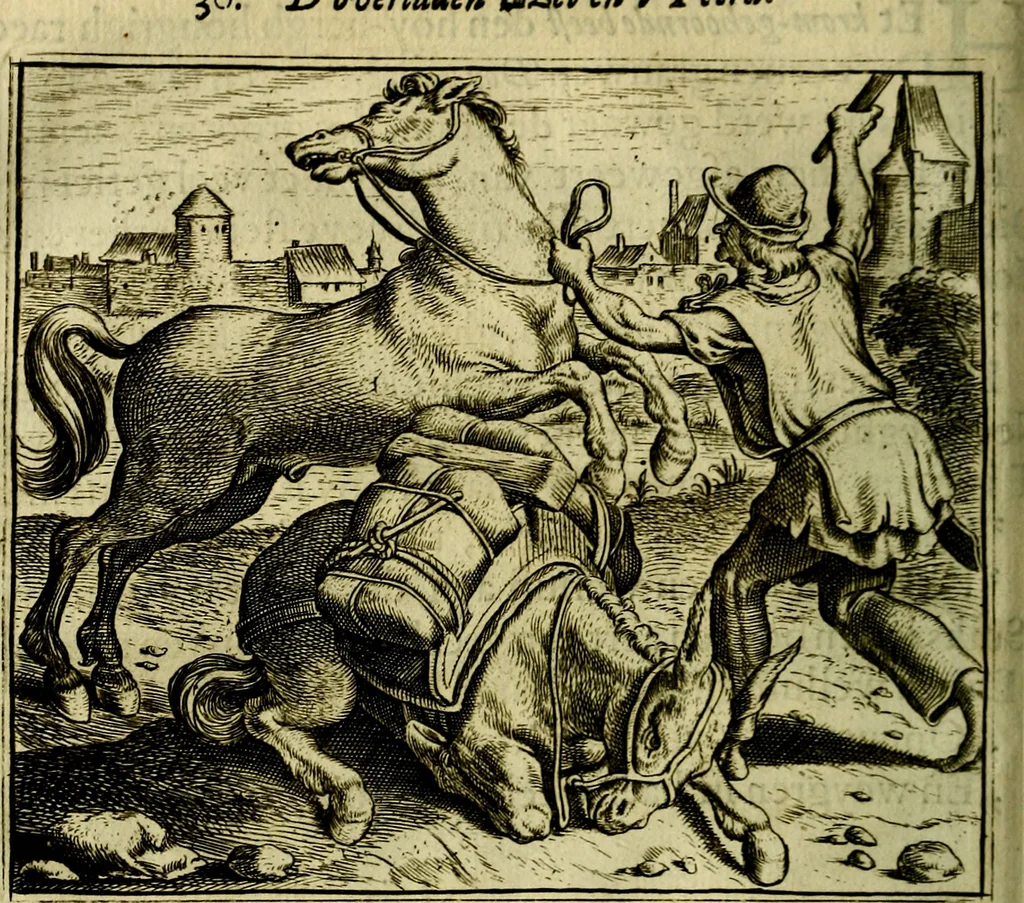 An illustration from Vorstelijcke warande der dieren : waer in de zeden-rijcke philosophie, poëtisch, morael, en historiael, vermakelijck en treffelijck wort voorgestelt : mit exempelen uyt de oude historien, in prose, 1682, leaf 77