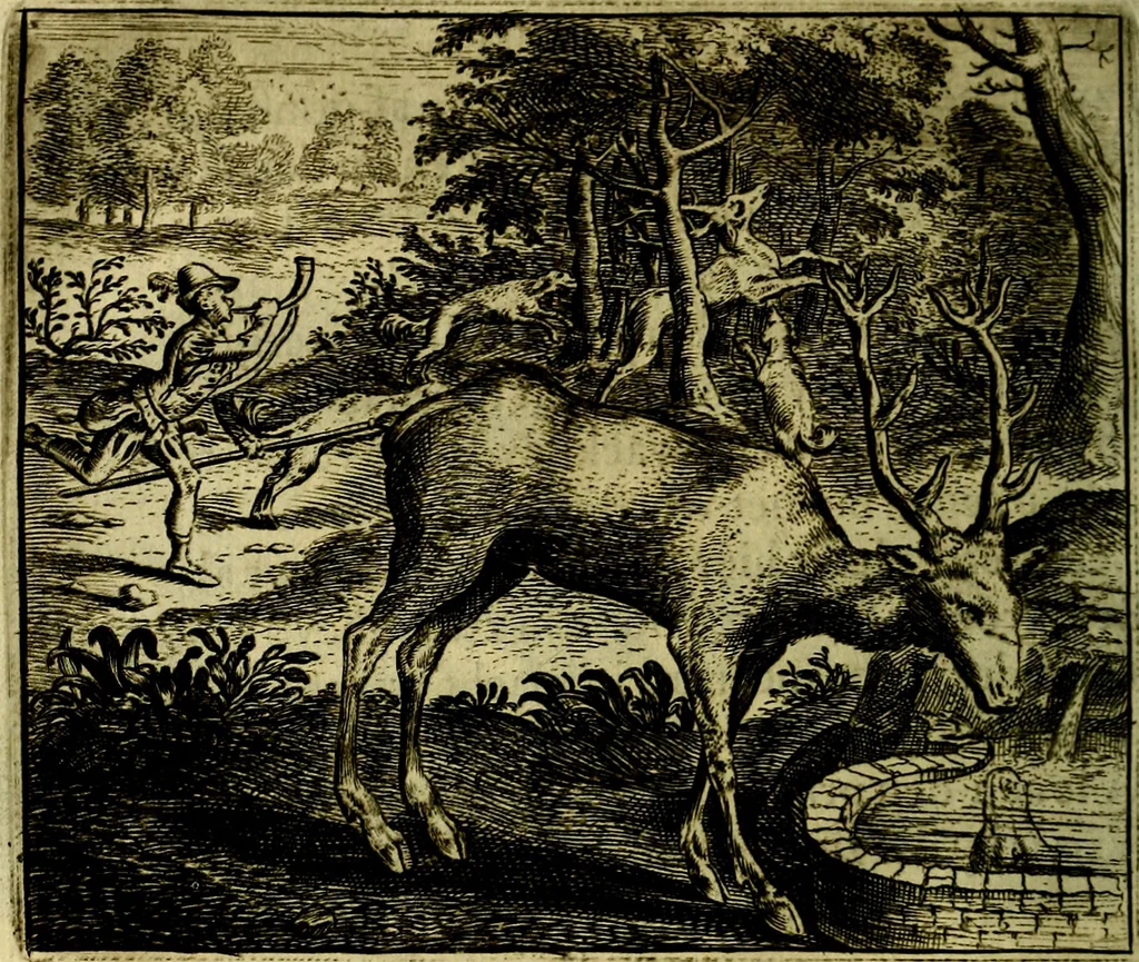 An illustration from Vorstelijcke warande der dieren : waer in de zeden-rijcke philosophie, poëtisch, morael, en historiael, vermakelijck en treffelijck wort voorgestelt : mit exempelen uyt de oude historien, in prose, 1682, leaf 85