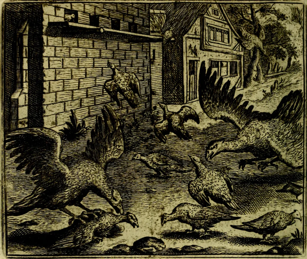 An illustration from Vorstelijcke warande der dieren : waer in de zeden-rijcke philosophie, poëtisch, morael, en historiael, vermakelijck en treffelijck wort voorgestelt : mit exempelen uyt de oude historien, in prose, 1682, leaf 87