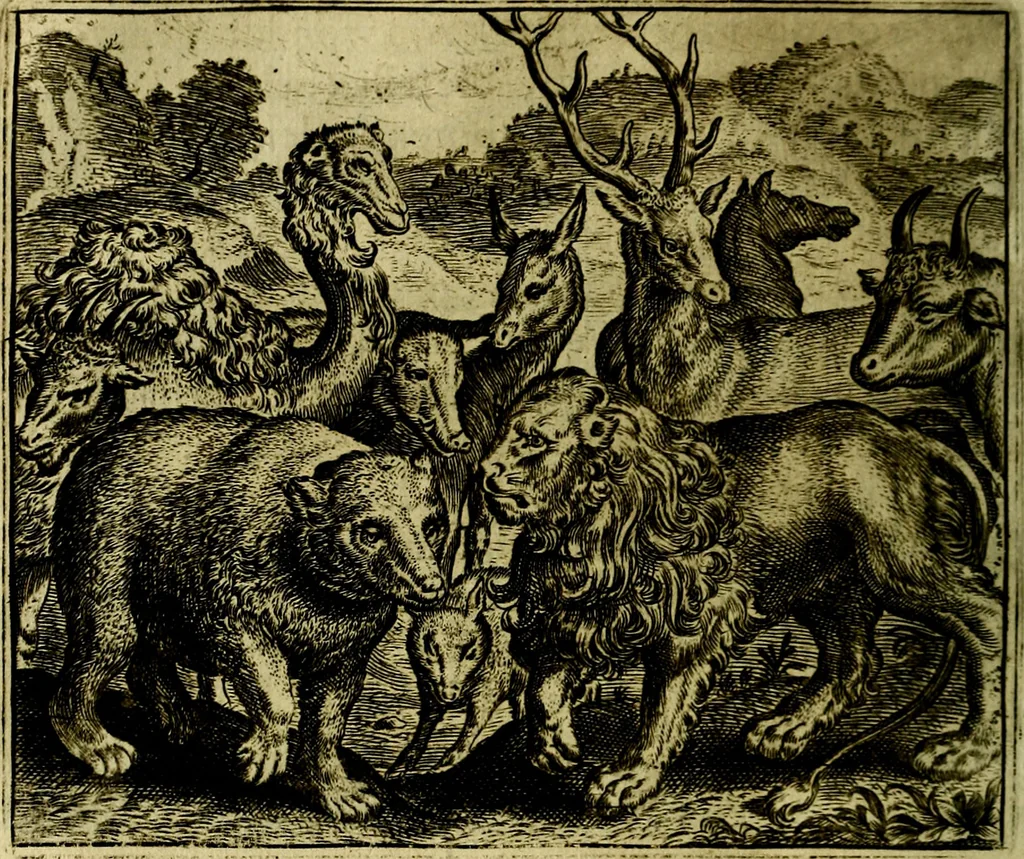 An illustration from Vorstelijcke warande der dieren : waer in de zeden-rijcke philosophie, poëtisch, morael, en historiael, vermakelijck en treffelijck wort voorgestelt : mit exempelen uyt de oude historien, in prose, 1682, leaf 91