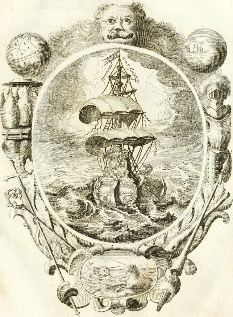 An illustration from Votum unanime Parnassi Salisburgensis deorum judicio et assensu approbatum, dum in celsiss.mum ac rever.mum S.R.I. Principem, Archiepiscopum Salisburgensem &c. &c. electus esset Joannes Ernestus è S.R.I. comitibus de Thun, Episcopus Seccoviensis, 1687, leaf 102