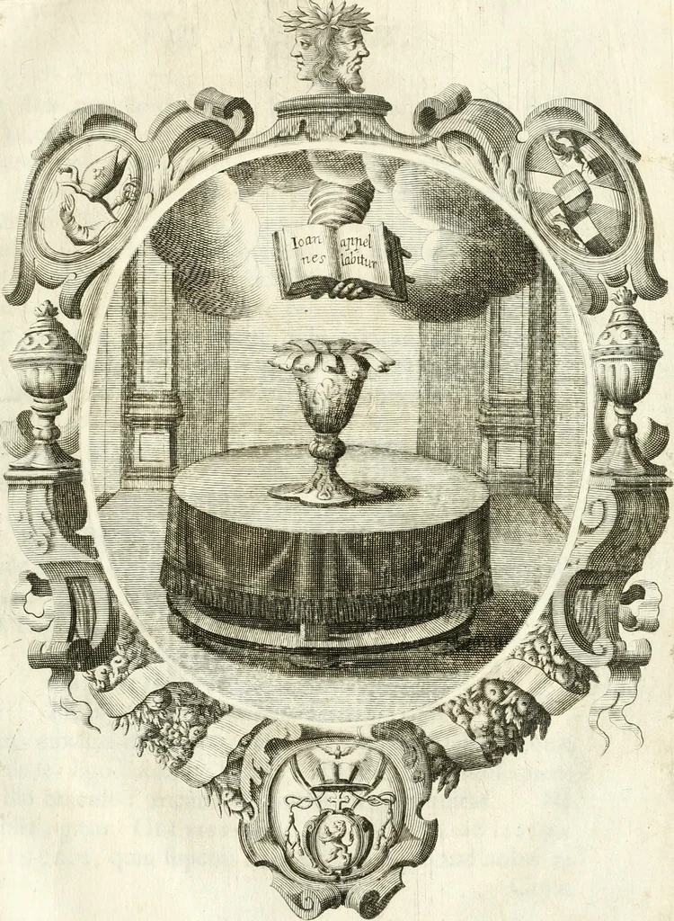 An illustration from Votum unanime Parnassi Salisburgensis deorum judicio et assensu approbatum, dum in celsiss.mum ac rever.mum S.R.I. Principem, Archiepiscopum Salisburgensem &c. &c. electus esset Joannes Ernestus è S.R.I. comitibus de Thun, Episcopus Seccoviensis, 1687, leaf 18