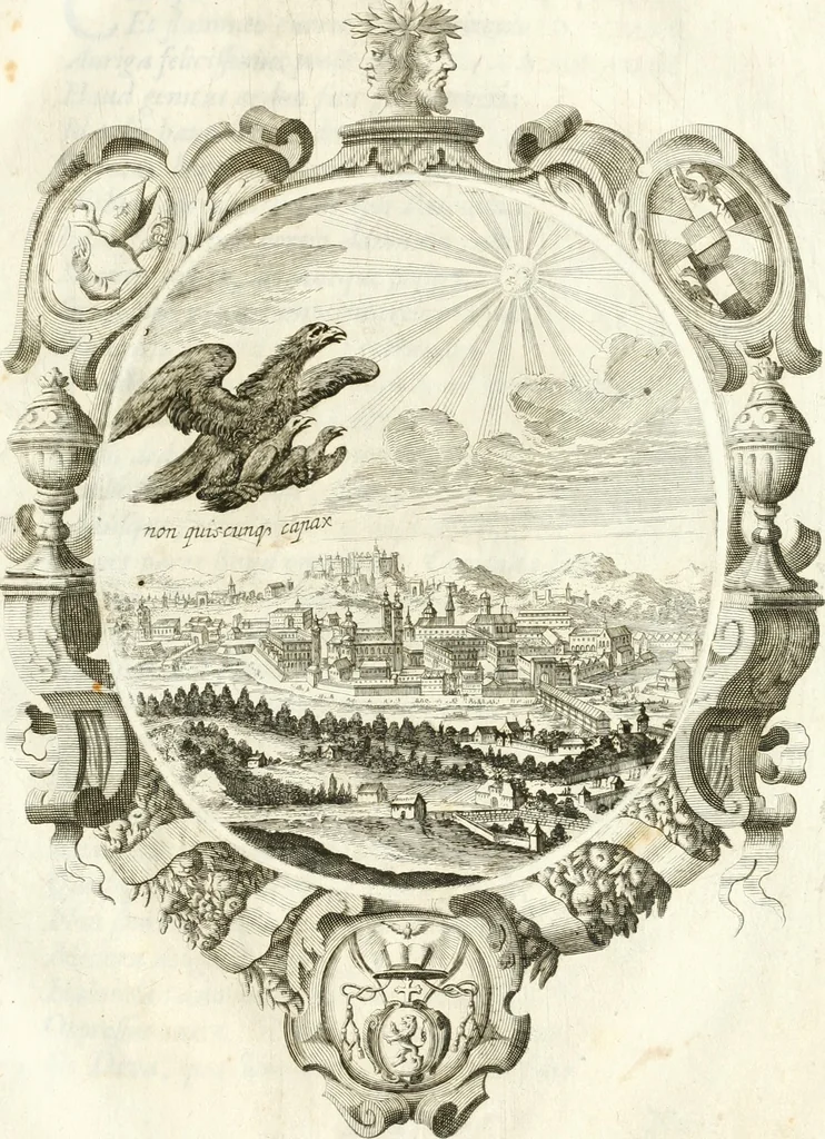 An illustration from Votum unanime Parnassi Salisburgensis deorum judicio et assensu approbatum, dum in celsiss.mum ac rever.mum S.R.I. Principem, Archiepiscopum Salisburgensem &c. &c. electus esset Joannes Ernestus è S.R.I. comitibus de Thun, Episcopus Seccoviensis, 1687, leaf 26