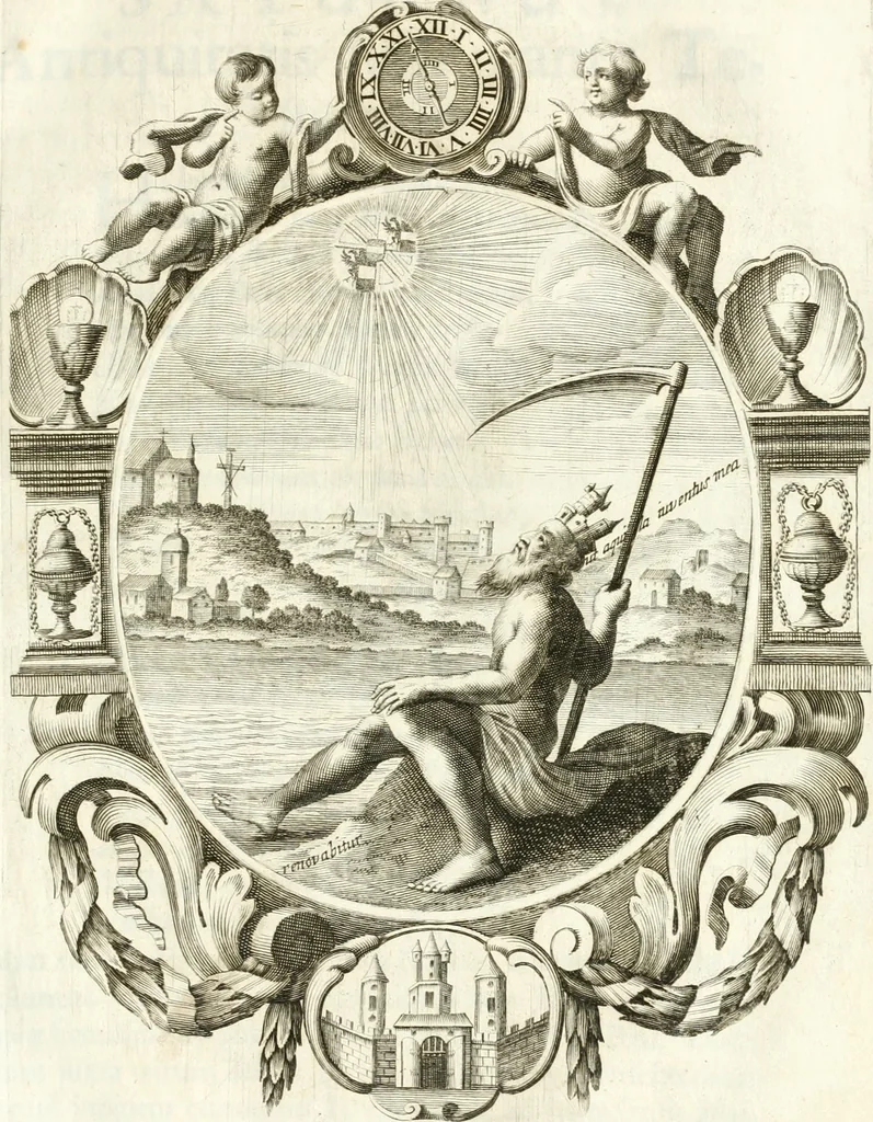 An illustration from Votum unanime Parnassi Salisburgensis deorum judicio et assensu approbatum, dum in celsiss.mum ac rever.mum S.R.I. Principem, Archiepiscopum Salisburgensem &c. &c. electus esset Joannes Ernestus è S.R.I. comitibus de Thun, Episcopus Seccoviensis, 1687, leaf 40
