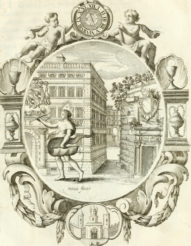 An illustration from Votum unanime Parnassi Salisburgensis deorum judicio et assensu approbatum, dum in celsiss.mum ac rever.mum S.R.I. Principem, Archiepiscopum Salisburgensem &c. &c. electus esset Joannes Ernestus è S.R.I. comitibus de Thun, Episcopus Seccoviensis, 1687, leaf 44