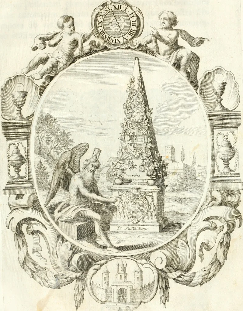 An illustration from Votum unanime Parnassi Salisburgensis deorum judicio et assensu approbatum, dum in celsiss.mum ac rever.mum S.R.I. Principem, Archiepiscopum Salisburgensem &c. &c. electus esset Joannes Ernestus è S.R.I. comitibus de Thun, Episcopus Seccoviensis, 1687, leaf 48