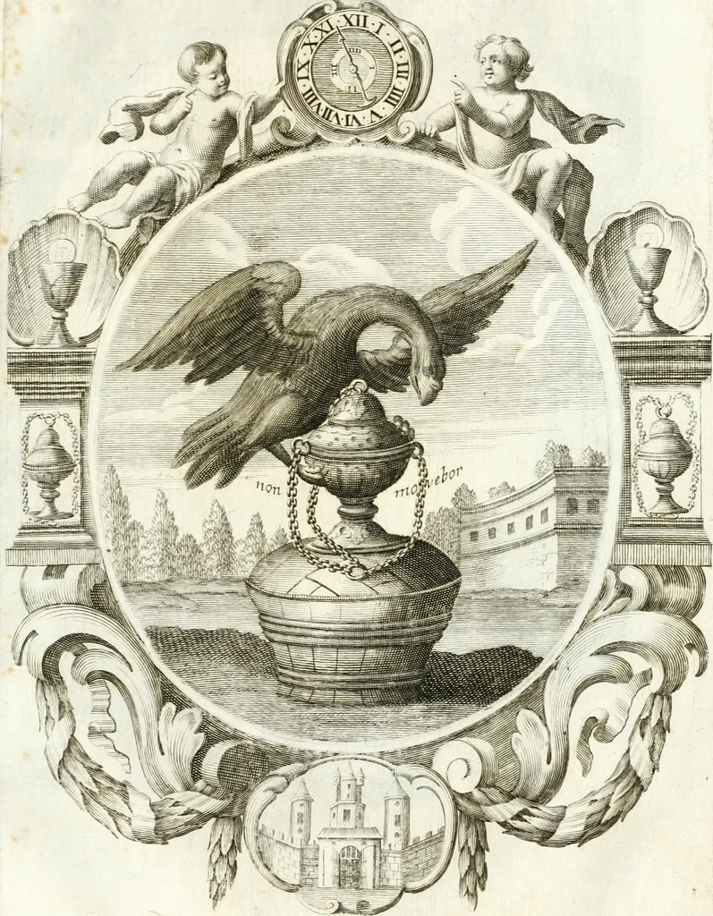 An illustration from Votum unanime Parnassi Salisburgensis deorum judicio et assensu approbatum, dum in celsiss.mum ac rever.mum S.R.I. Principem, Archiepiscopum Salisburgensem &c. &c. electus esset Joannes Ernestus è S.R.I. comitibus de Thun, Episcopus Seccoviensis, 1687, leaf 56