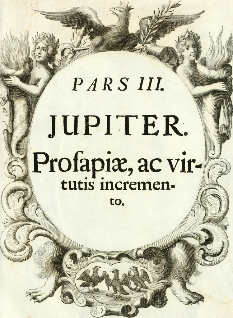 An illustration from Votum unanime Parnassi Salisburgensis deorum judicio et assensu approbatum, dum in celsiss.mum ac rever.mum S.R.I. Principem, Archiepiscopum Salisburgensem &c. &c. electus esset Joannes Ernestus è S.R.I. comitibus de Thun, Episcopus Seccoviensis, 1687, leaf 58