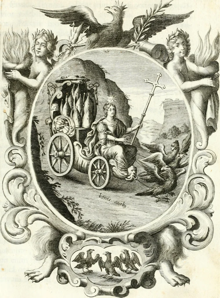 An illustration from Votum unanime Parnassi Salisburgensis deorum judicio et assensu approbatum, dum in celsiss.mum ac rever.mum S.R.I. Principem, Archiepiscopum Salisburgensem &c. &c. electus esset Joannes Ernestus è S.R.I. comitibus de Thun, Episcopus Seccoviensis, 1687, leaf 60
