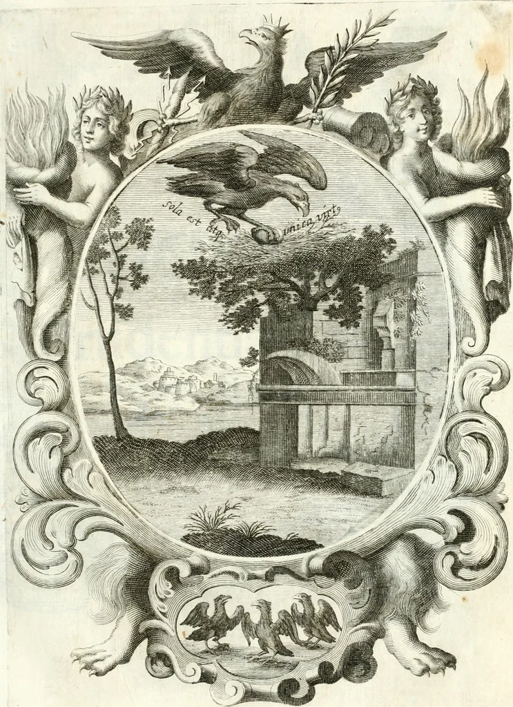 An illustration from Votum unanime Parnassi Salisburgensis deorum judicio et assensu approbatum, dum in celsiss.mum ac rever.mum S.R.I. Principem, Archiepiscopum Salisburgensem &c. &c. electus esset Joannes Ernestus è S.R.I. comitibus de Thun, Episcopus Seccoviensis, 1687, leaf 74