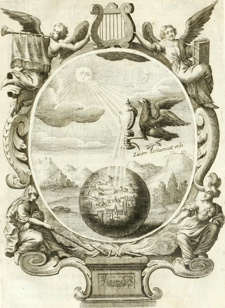 An illustration from Votum unanime Parnassi Salisburgensis deorum judicio et assensu approbatum, dum in celsiss.mum ac rever.mum S.R.I. Principem, Archiepiscopum Salisburgensem &c. &c. electus esset Joannes Ernestus è S.R.I. comitibus de Thun, Episcopus Seccoviensis, 1687, leaf 78