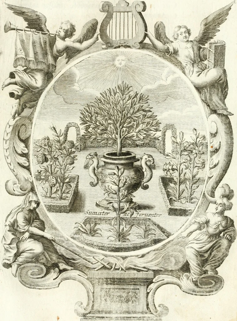 An illustration from Votum unanime Parnassi Salisburgensis deorum judicio et assensu approbatum, dum in celsiss.mum ac rever.mum S.R.I. Principem, Archiepiscopum Salisburgensem &c. &c. electus esset Joannes Ernestus è S.R.I. comitibus de Thun, Episcopus Seccoviensis, 1687, leaf 82
