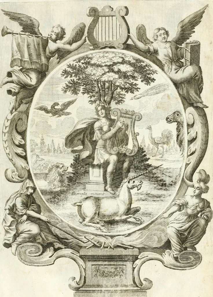An illustration from Votum unanime Parnassi Salisburgensis deorum judicio et assensu approbatum, dum in celsiss.mum ac rever.mum S.R.I. Principem, Archiepiscopum Salisburgensem &c. &c. electus esset Joannes Ernestus è S.R.I. comitibus de Thun, Episcopus Seccoviensis, 1687, leaf 86