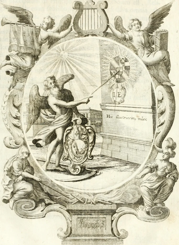 An illustration from Votum unanime Parnassi Salisburgensis deorum judicio et assensu approbatum, dum in celsiss.mum ac rever.mum S.R.I. Principem, Archiepiscopum Salisburgensem &c. &c. electus esset Joannes Ernestus è S.R.I. comitibus de Thun, Episcopus Seccoviensis, 1687, leaf 92