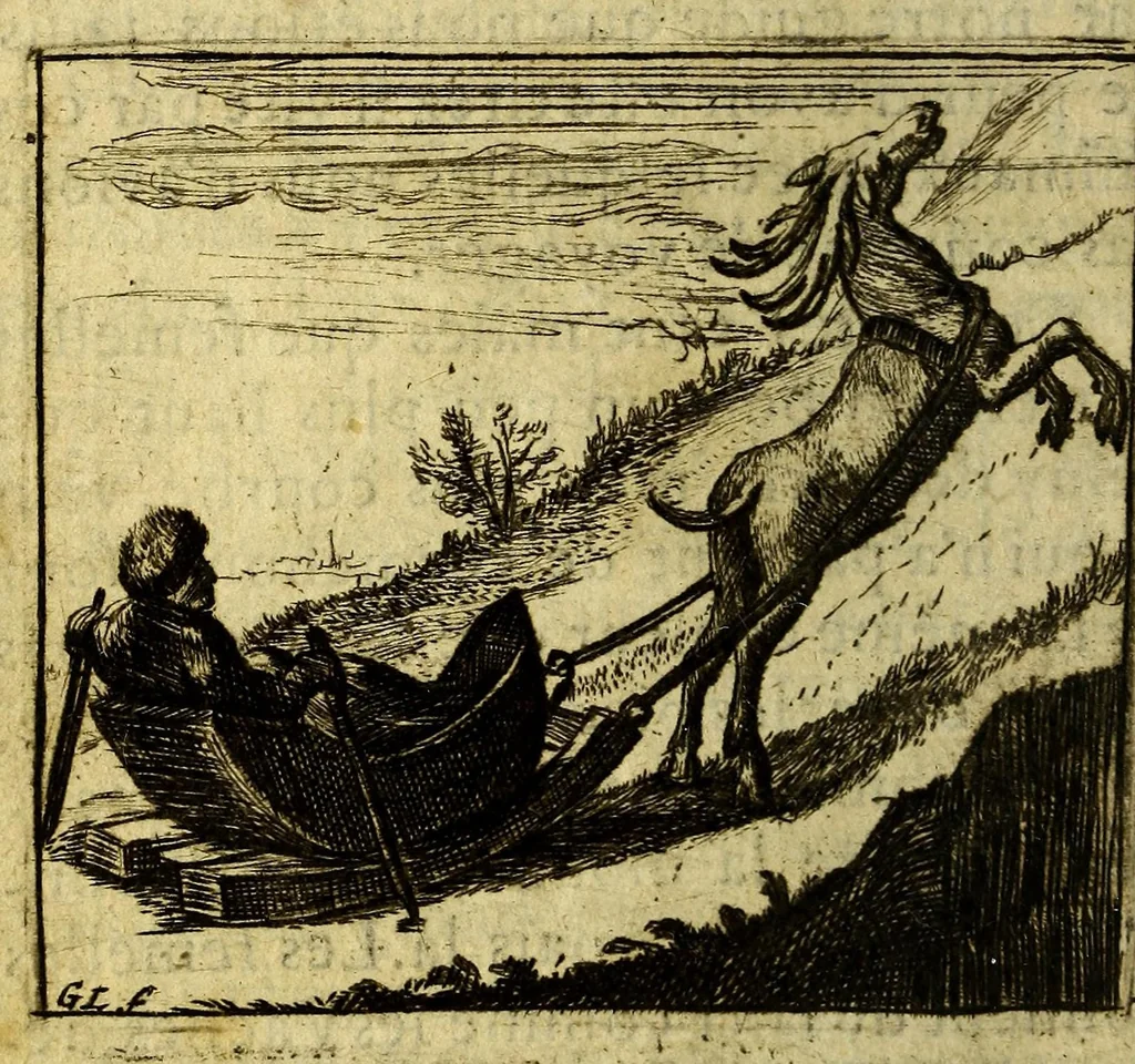 An illustration from Voyage des pais septentrionaux : Dans lequel se void [sic] les moeurs, maniere de vivre, & superstitions des Norweguiens, Lappons, Kiloppes, Borandiens, Syberiens, Samojedes, Zembliens, & Islandois, enrichi de plusieurs figures., 1671, leaf 70