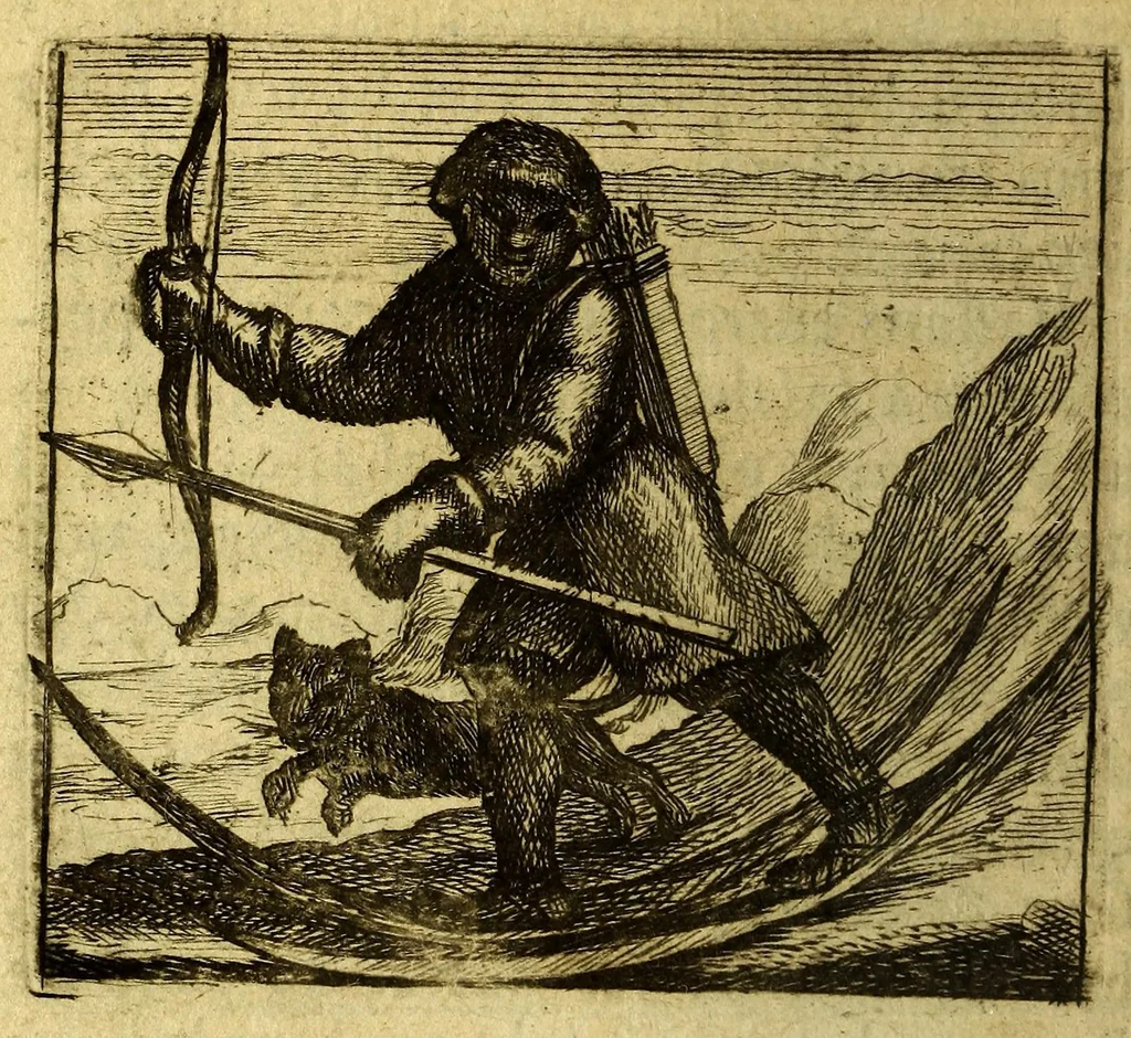An illustration from Voyage des pais septentrionaux : Dans lequel se void [sic] les moeurs, maniere de vivre, & superstitions des Norweguiens, Lappons, Kiloppes, Borandiens, Syberiens, Samojedes, Zembliens, & Islandois, enrichi de plusieurs figures., 1671, leaf 92