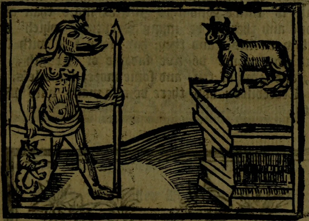 An illustration from The voyages & travels of Sir John Mandevile, Knight, wherein is set down the way to the Holy Land, and to Hierusalem, as also to the lands of the great Caan, and of Prestor John, to Inde, and divers other countries, together with many and strange marvels therein, 1684, leaf 102