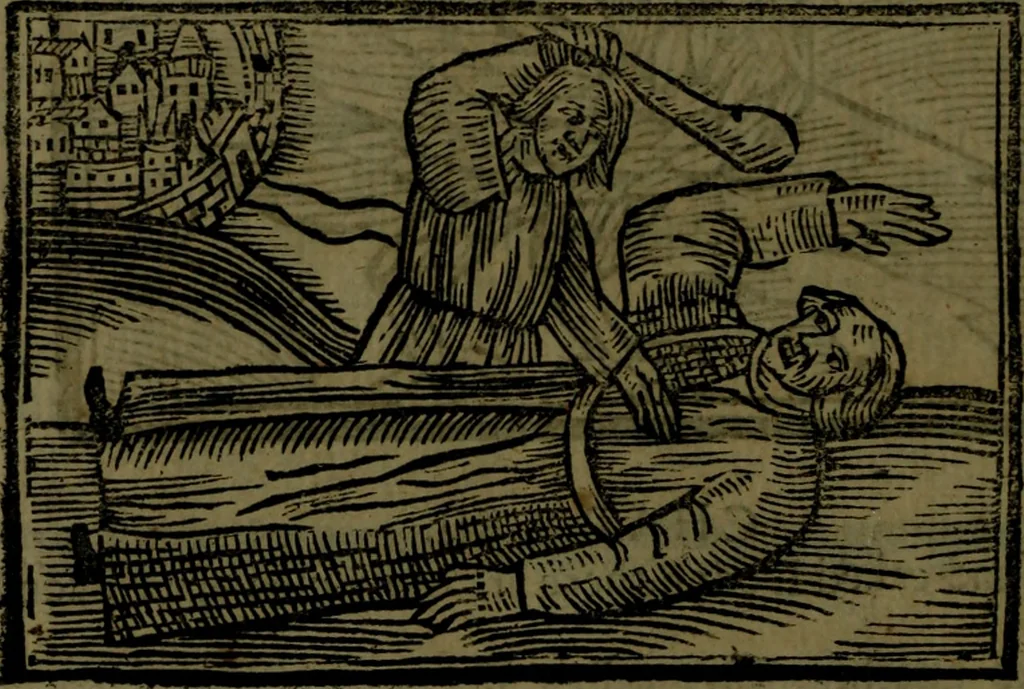 An illustration from The voyages & travels of Sir John Mandevile, Knight, wherein is set down the way to the Holy Land, and to Hierusalem, as also to the lands of the great Caan, and of Prestor John, to Inde, and divers other countries, together with many and strange marvels therein, 1684, leaf 105