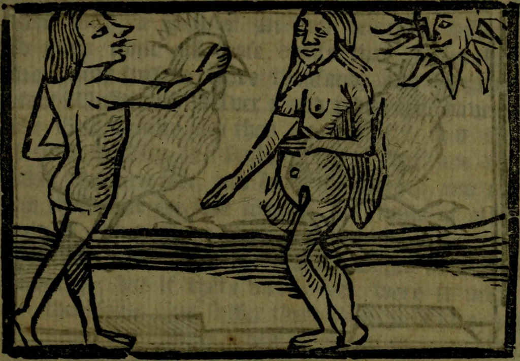 An illustration from The voyages & travels of Sir John Mandevile, Knight, wherein is set down the way to the Holy Land, and to Hierusalem, as also to the lands of the great Caan, and of Prestor John, to Inde, and divers other countries, together with many and strange marvels therein, 1684, leaf 108