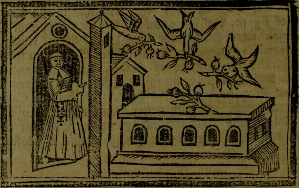 An illustration from The voyages & travels of Sir John Mandevile, Knight, wherein is set down the way to the Holy Land, and to Hierusalem, as also to the lands of the great Caan, and of Prestor John, to Inde, and divers other countries, together with many and strange marvels therein, 1684, leaf 31