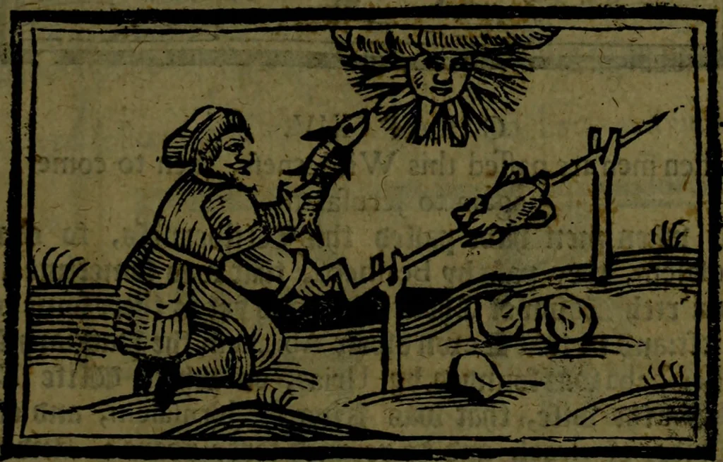 An illustration from The voyages & travels of Sir John Mandevile, Knight, wherein is set down the way to the Holy Land, and to Hierusalem, as also to the lands of the great Caan, and of Prestor John, to Inde, and divers other countries, together with many and strange marvels therein, 1684, leaf 32