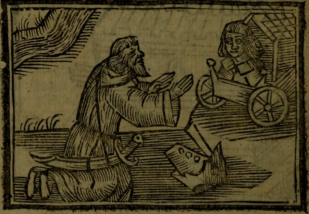 An illustration from The voyages & travels of Sir John Mandevile, Knight, wherein is set down the way to the Holy Land, and to Hierusalem, as also to the lands of the great Caan, and of Prestor John, to Inde, and divers other countries, together with many and strange marvels therein, 1684, leaf 93