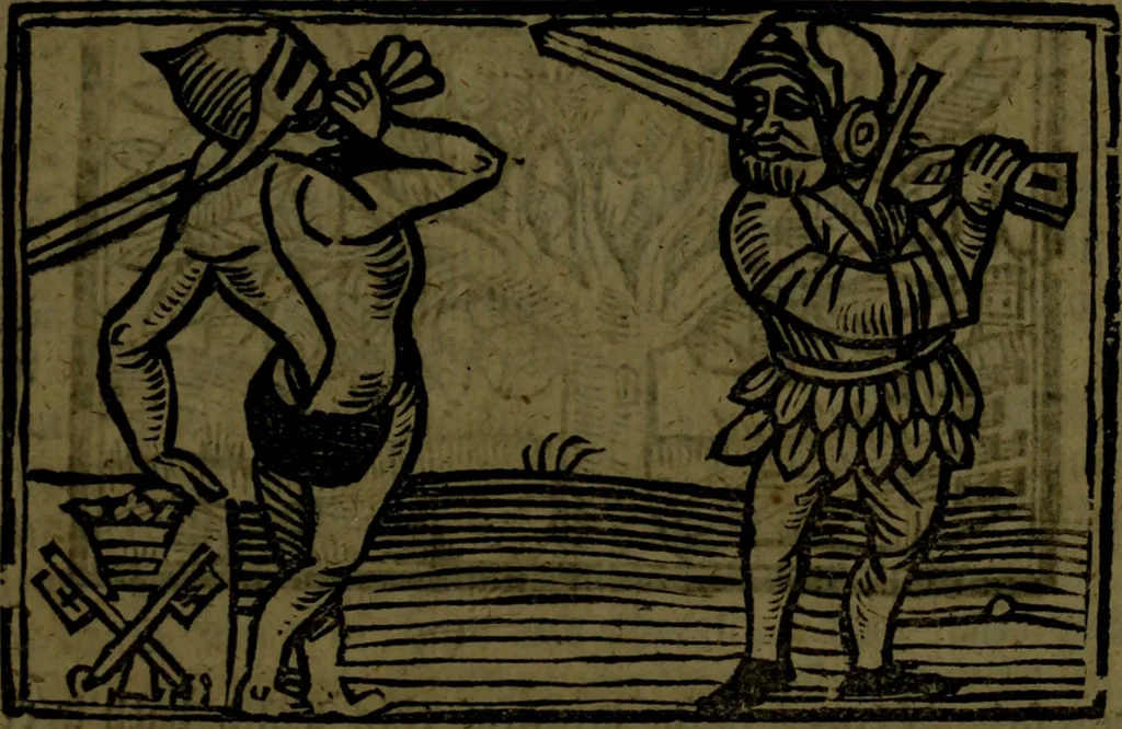 An illustration from The voyages & travels of Sir John Mandevile, Knight, wherein is set down the way to the Holy Land, and to Hierusalem, as also to the lands of the great Caan, and of Prestor John, to Inde, and divers other countries, together with many and strange marvels therein, 1684, leaf 96