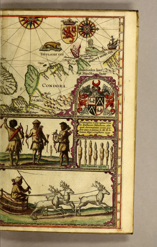 An illustration from Voyagie, ofte schip-vaert, van Ian Huyghen van Linschoten, van by Noorden om langes Noorvvegen de Noortcaep, Laplant, Vinlant, Ruslandt, de VVitte Zee, de custen van candenoes, Svvetenoes, Pitzora ... : VVaer inne seer distinctelicken verbaels-ghewijse beschreven ende aenghewesen wordt, alle t'ghene dat hem op de selve reyse van dach tot dach bejeghent en voorghecomen is ... Anno 1594. en[de] 1595, 1601, leaf 127