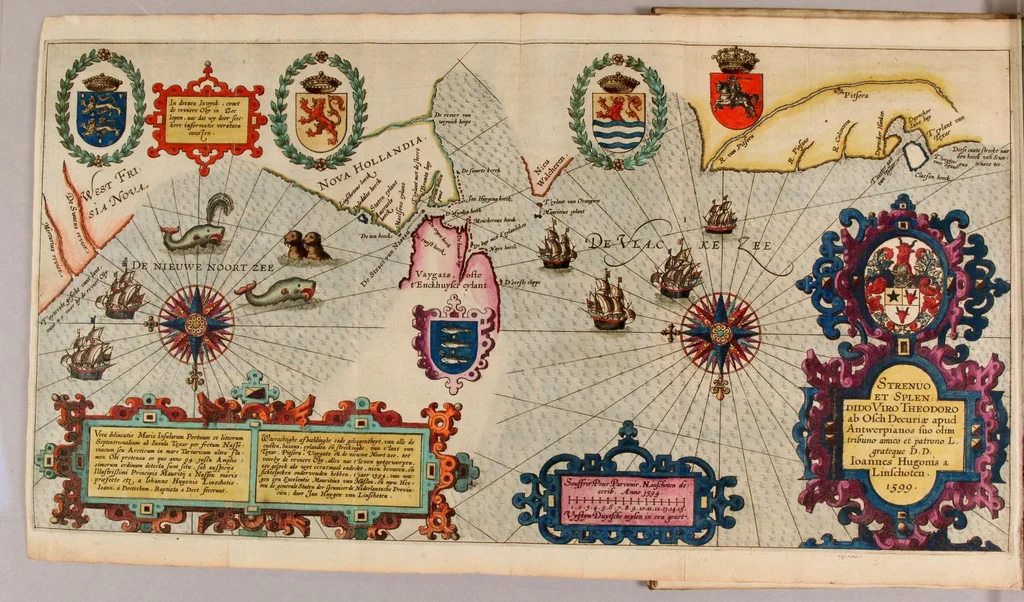 An illustration from Voyagie, ofte schip-vaert, van Ian Huyghen van Linschoten, van by Noorden om langes Noorvvegen de Noortcaep, Laplant, Vinlant, Ruslandt, de VVitte Zee, de custen van candenoes, Svvetenoes, Pitzora ... : VVaer inne seer distinctelicken verbaels-ghewijse beschreven ende aenghewesen wordt, alle t'ghene dat hem op de selve reyse van dach tot dach bejeghent en voorghecomen is ... Anno 1594. en[de] 1595, 1601, leaf 30