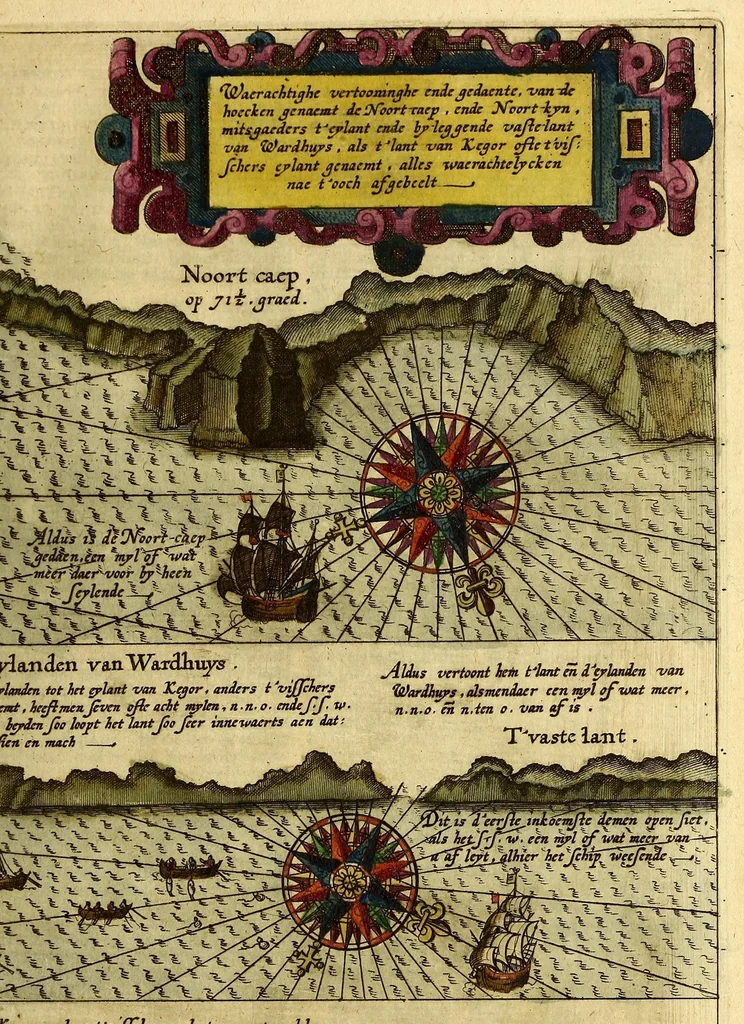 An illustration from Voyagie, ofte schip-vaert, van Ian Huyghen van Linschoten, van by Noorden om langes Noorvvegen de Noortcaep, Laplant, Vinlant, Ruslandt, de VVitte Zee, de custen van candenoes, Svvetenoes, Pitzora ... : VVaer inne seer distinctelicken verbaels-ghewijse beschreven ende aenghewesen wordt, alle t'ghene dat hem op de selve reyse van dach tot dach bejeghent en voorghecomen is ... Anno 1594. en[de] 1595, 1601, leaf 39