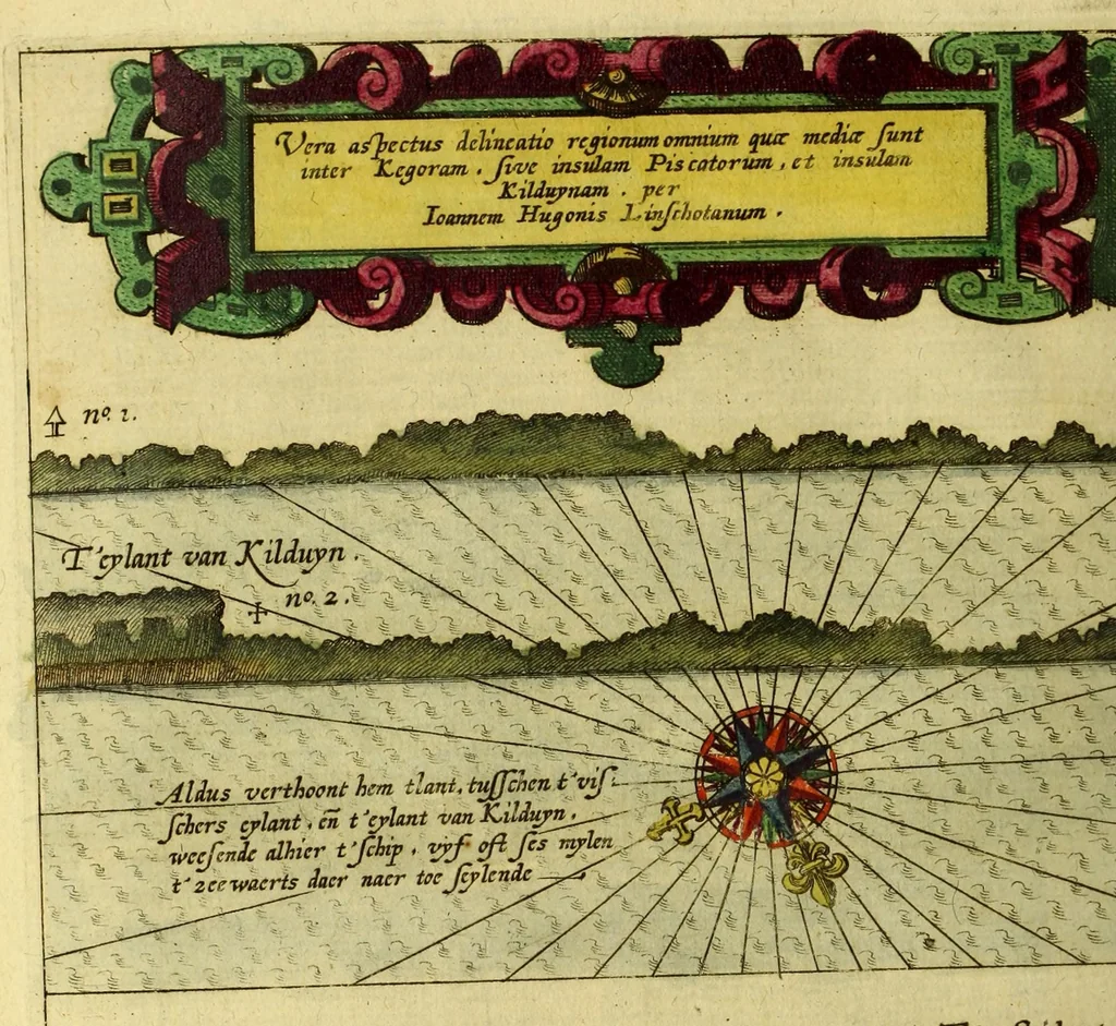 An illustration from Voyagie, ofte schip-vaert, van Ian Huyghen van Linschoten, van by Noorden om langes Noorvvegen de Noortcaep, Laplant, Vinlant, Ruslandt, de VVitte Zee, de custen van candenoes, Svvetenoes, Pitzora ... : VVaer inne seer distinctelicken verbaels-ghewijse beschreven ende aenghewesen wordt, alle t'ghene dat hem op de selve reyse van dach tot dach bejeghent en voorghecomen is ... Anno 1594. en[de] 1595, 1601, leaf 44