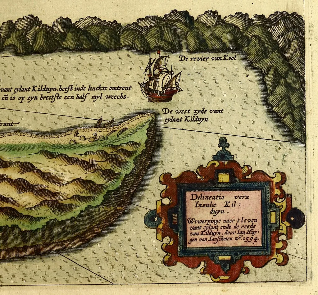 An illustration from Voyagie, ofte schip-vaert, van Ian Huyghen van Linschoten, van by Noorden om langes Noorvvegen de Noortcaep, Laplant, Vinlant, Ruslandt, de VVitte Zee, de custen van candenoes, Svvetenoes, Pitzora ... : VVaer inne seer distinctelicken verbaels-ghewijse beschreven ende aenghewesen wordt, alle t'ghene dat hem op de selve reyse van dach tot dach bejeghent en voorghecomen is ... Anno 1594. en[de] 1595, 1601, leaf 45