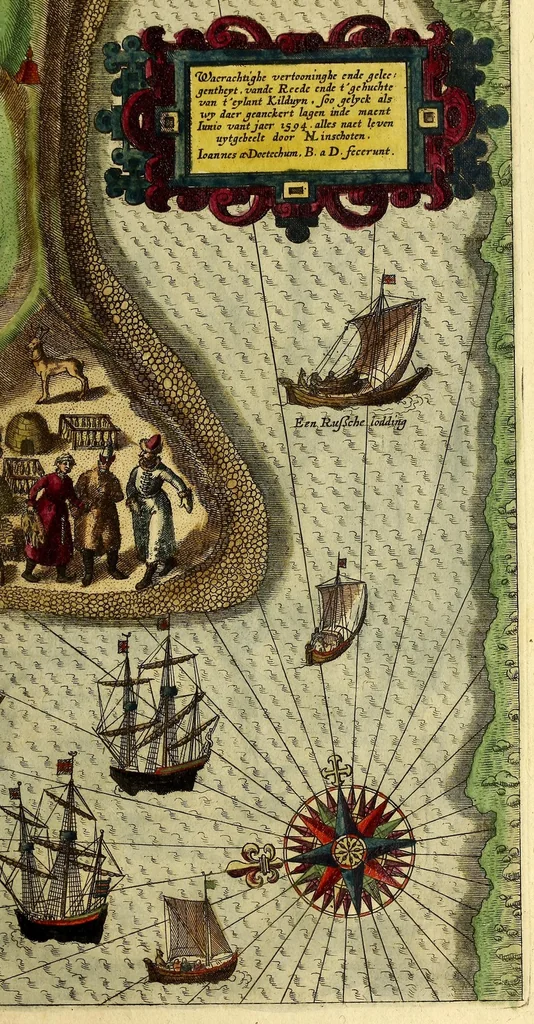 An illustration from Voyagie, ofte schip-vaert, van Ian Huyghen van Linschoten, van by Noorden om langes Noorvvegen de Noortcaep, Laplant, Vinlant, Ruslandt, de VVitte Zee, de custen van candenoes, Svvetenoes, Pitzora ... : VVaer inne seer distinctelicken verbaels-ghewijse beschreven ende aenghewesen wordt, alle t'ghene dat hem op de selve reyse van dach tot dach bejeghent en voorghecomen is ... Anno 1594. en[de] 1595, 1601, leaf 49