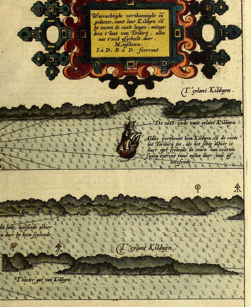 An illustration from Voyagie, ofte schip-vaert, van Ian Huyghen van Linschoten, van by Noorden om langes Noorvvegen de Noortcaep, Laplant, Vinlant, Ruslandt, de VVitte Zee, de custen van candenoes, Svvetenoes, Pitzora ... : VVaer inne seer distinctelicken verbaels-ghewijse beschreven ende aenghewesen wordt, alle t'ghene dat hem op de selve reyse van dach tot dach bejeghent en voorghecomen is ... Anno 1594. en[de] 1595, 1601, leaf 53