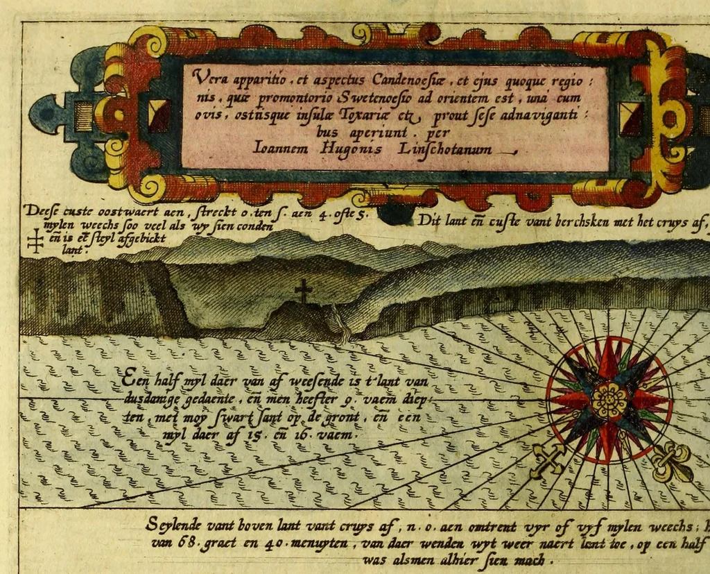 An illustration from Voyagie, ofte schip-vaert, van Ian Huyghen van Linschoten, van by Noorden om langes Noorvvegen de Noortcaep, Laplant, Vinlant, Ruslandt, de VVitte Zee, de custen van candenoes, Svvetenoes, Pitzora ... : VVaer inne seer distinctelicken verbaels-ghewijse beschreven ende aenghewesen wordt, alle t'ghene dat hem op de selve reyse van dach tot dach bejeghent en voorghecomen is ... Anno 1594. en[de] 1595, 1601, leaf 62