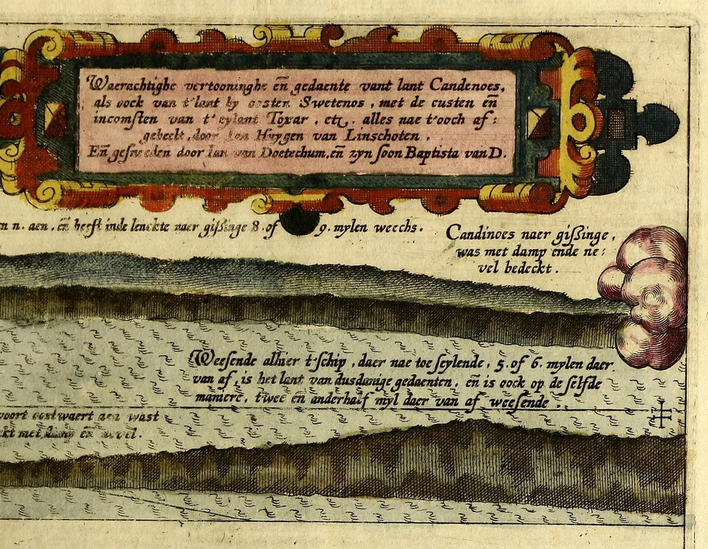 An illustration from Voyagie, ofte schip-vaert, van Ian Huyghen van Linschoten, van by Noorden om langes Noorvvegen de Noortcaep, Laplant, Vinlant, Ruslandt, de VVitte Zee, de custen van candenoes, Svvetenoes, Pitzora ... : VVaer inne seer distinctelicken verbaels-ghewijse beschreven ende aenghewesen wordt, alle t'ghene dat hem op de selve reyse van dach tot dach bejeghent en voorghecomen is ... Anno 1594. en[de] 1595, 1601, leaf 63