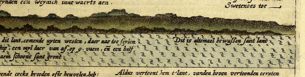An illustration from Voyagie, ofte schip-vaert, van Ian Huyghen van Linschoten, van by Noorden om langes Noorvvegen de Noortcaep, Laplant, Vinlant, Ruslandt, de VVitte Zee, de custen van candenoes, Svvetenoes, Pitzora ... : VVaer inne seer distinctelicken verbaels-ghewijse beschreven ende aenghewesen wordt, alle t'ghene dat hem op de selve reyse van dach tot dach bejeghent en voorghecomen is ... Anno 1594. en[de] 1595, 1601, leaf 63