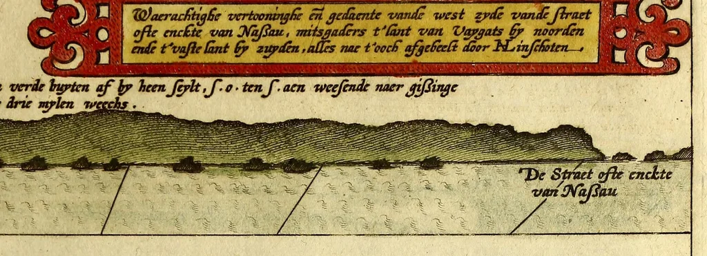 An illustration from Voyagie, ofte schip-vaert, van Ian Huyghen van Linschoten, van by Noorden om langes Noorvvegen de Noortcaep, Laplant, Vinlant, Ruslandt, de VVitte Zee, de custen van candenoes, Svvetenoes, Pitzora ... : VVaer inne seer distinctelicken verbaels-ghewijse beschreven ende aenghewesen wordt, alle t'ghene dat hem op de selve reyse van dach tot dach bejeghent en voorghecomen is ... Anno 1594. en[de] 1595, 1601, leaf 77