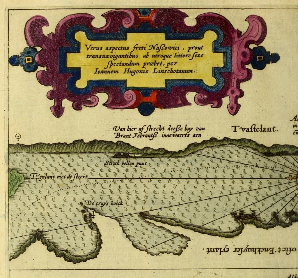 An illustration from Voyagie, ofte schip-vaert, van Ian Huyghen van Linschoten, van by Noorden om langes Noorvvegen de Noortcaep, Laplant, Vinlant, Ruslandt, de VVitte Zee, de custen van candenoes, Svvetenoes, Pitzora ... : VVaer inne seer distinctelicken verbaels-ghewijse beschreven ende aenghewesen wordt, alle t'ghene dat hem op de selve reyse van dach tot dach bejeghent en voorghecomen is ... Anno 1594. en[de] 1595, 1601, leaf 84