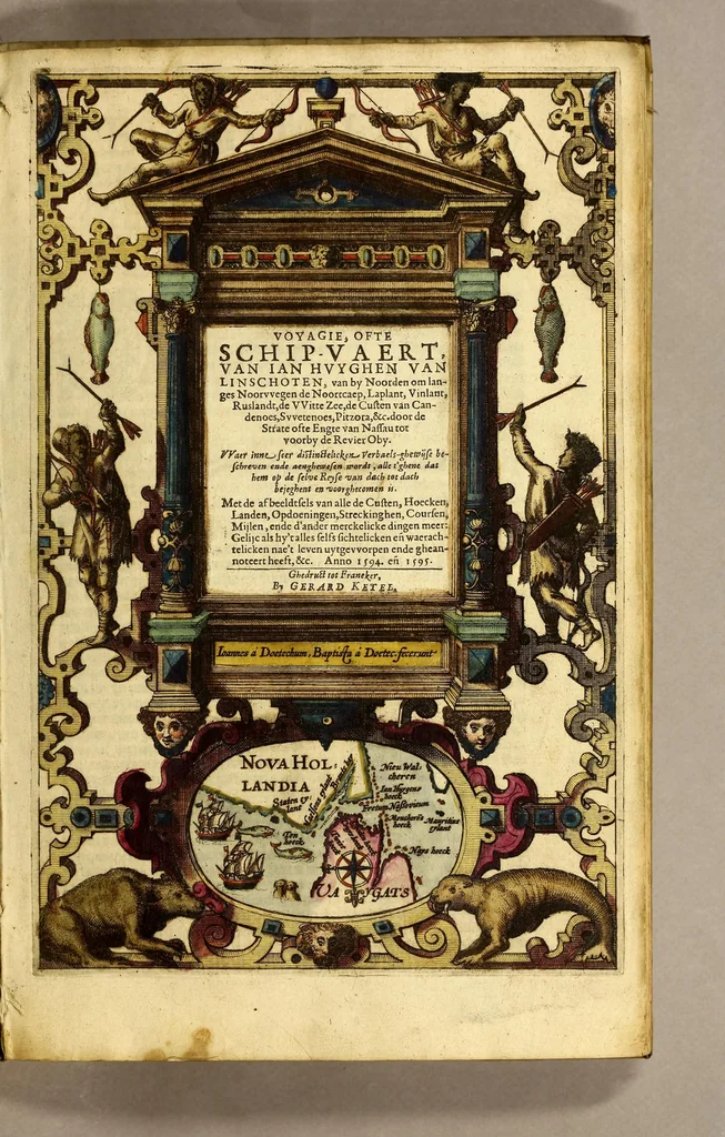 An illustration from Voyagie, ofte schip-vaert, van Ian Huyghen van Linschoten, van by Noorden om langes Noorvvegen de Noortcaep, Laplant, Vinlant, Ruslandt, de VVitte Zee, de custen van candenoes, Svvetenoes, Pitzora ... : VVaer inne seer distinctelicken verbaels-ghewijse beschreven ende aenghewesen wordt, alle t'ghene dat hem op de selve reyse van dach tot dach bejeghent en voorghecomen is ... Anno 1594. en[de] 1595, 1601, leaf 9