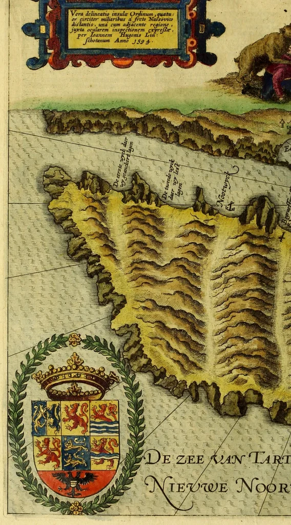 An illustration from Voyagie, ofte schip-vaert, van Ian Huyghen van Linschoten, van by Noorden om langes Noorvvegen de Noortcaep, Laplant, Vinlant, Ruslandt, de VVitte Zee, de custen van candenoes, Svvetenoes, Pitzora ... : VVaer inne seer distinctelicken verbaels-ghewijse beschreven ende aenghewesen wordt, alle t'ghene dat hem op de selve reyse van dach tot dach bejeghent en voorghecomen is ... Anno 1594. en[de] 1595, 1601, leaf 92