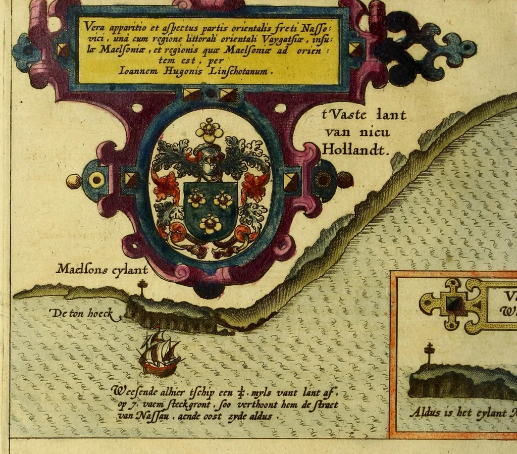 An illustration from Voyagie, ofte schip-vaert, van Ian Huyghen van Linschoten, van by Noorden om langes Noorvvegen de Noortcaep, Laplant, Vinlant, Ruslandt, de VVitte Zee, de custen van candenoes, Svvetenoes, Pitzora ... : VVaer inne seer distinctelicken verbaels-ghewijse beschreven ende aenghewesen wordt, alle t'ghene dat hem op de selve reyse van dach tot dach bejeghent en voorghecomen is ... Anno 1594. en[de] 1595, 1601, leaf 96