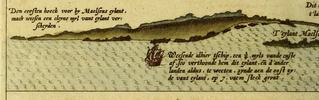 An illustration from Voyagie, ofte schip-vaert, van Ian Huyghen van Linschoten, van by Noorden om langes Noorvvegen de Noortcaep, Laplant, Vinlant, Ruslandt, de VVitte Zee, de custen van candenoes, Svvetenoes, Pitzora ... : VVaer inne seer distinctelicken verbaels-ghewijse beschreven ende aenghewesen wordt, alle t'ghene dat hem op de selve reyse van dach tot dach bejeghent en voorghecomen is ... Anno 1594. en[de] 1595, 1601, leaf 96