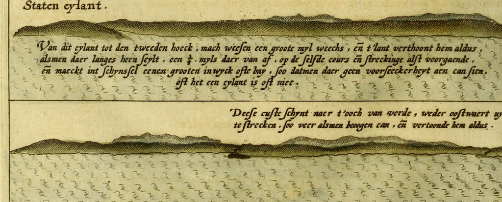 An illustration from Voyagie, ofte schip-vaert, van Ian Huyghen van Linschoten, van by Noorden om langes Noorvvegen de Noortcaep, Laplant, Vinlant, Ruslandt, de VVitte Zee, de custen van candenoes, Svvetenoes, Pitzora ... : VVaer inne seer distinctelicken verbaels-ghewijse beschreven ende aenghewesen wordt, alle t'ghene dat hem op de selve reyse van dach tot dach bejeghent en voorghecomen is ... Anno 1594. en[de] 1595, 1601, leaf 96