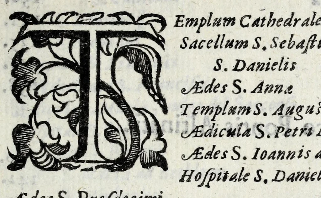 An illustration from Vrbis Patauinae inscriptiones sacrae et prophanae : quibus templorum & altarium exstructiones atq[ue] dedicationes, coenobiorum quoq[ue] aedificia, primorum iuxta ciuium ac recentiorum familię nomina, coniugia, & liberi, magistratus ac honores diuersi : doctorum praeterea omni disciplinarum genere in urbe atq[ue] Gymnasio Patauino clarissimorum, itemq[ue] principum, nobilium & aduenarum, artificum praeterea insignium monumenta, 1649, leaf 13