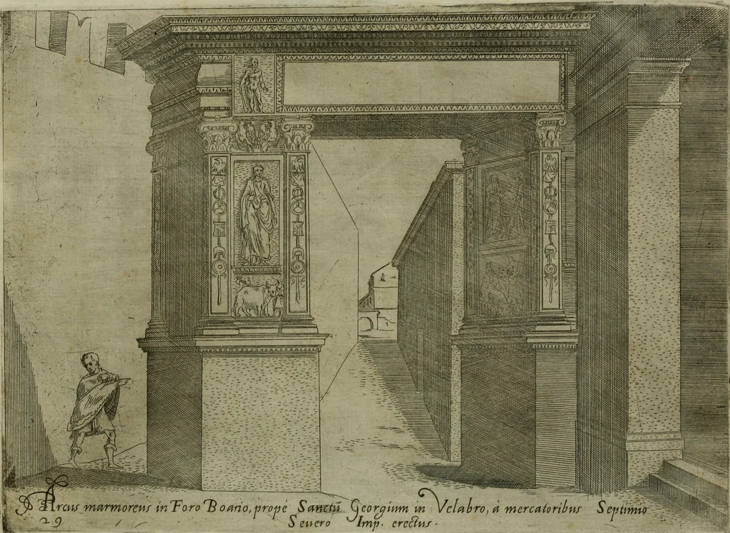 An illustration from Vrbis Romae aedificiorvm illvstrivmqvae svpersvnt reliqviae, 1569, leaf 64