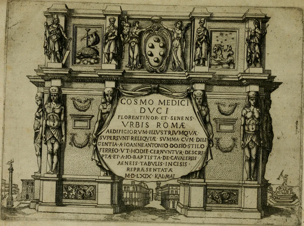 An illustration from Vrbis Romae aedificiorvm illvstrivmqvae svpersvnt reliqviae, 1569, leaf 8