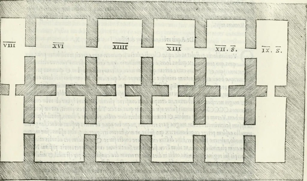 An illustration from Vrbis Romae topographia : nvper ab ipso avctore nonnvllis erroribvs svblatis emandata, addita etiam interpretatione nominum quæ unica litera uel syllaba in antiquis titulis scripta inueniuntur : cvi etiam ab eodem adiectae svnt qvam breuissimæ obseruationes de prænomine, nomine, & cognomine de quibus etsi multi multa scripsere nemo tamen hactenus rei ueritatem attigisse videtur, 1544, leaf 100