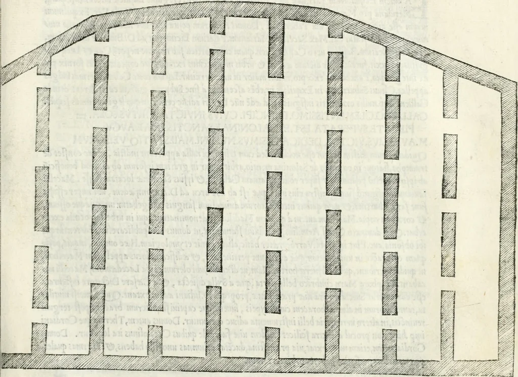 An illustration from Vrbis Romae topographia : nvper ab ipso avctore nonnvllis erroribvs svblatis emandata, addita etiam interpretatione nominum quæ unica litera uel syllaba in antiquis titulis scripta inueniuntur : cvi etiam ab eodem adiectae svnt qvam breuissimæ obseruationes de prænomine, nomine, & cognomine de quibus etsi multi multa scripsere nemo tamen hactenus rei ueritatem attigisse videtur, 1544, leaf 110