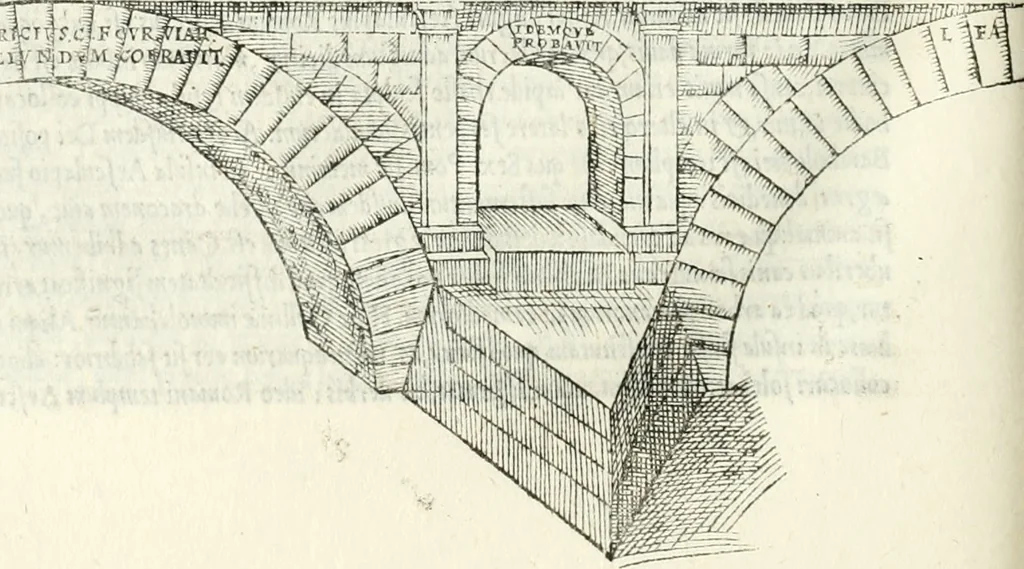 An illustration from Vrbis Romae topographia : nvper ab ipso avctore nonnvllis erroribvs svblatis emandata, addita etiam interpretatione nominum quæ unica litera uel syllaba in antiquis titulis scripta inueniuntur : cvi etiam ab eodem adiectae svnt qvam breuissimæ obseruationes de prænomine, nomine, & cognomine de quibus etsi multi multa scripsere nemo tamen hactenus rei ueritatem attigisse videtur, 1544, leaf 137